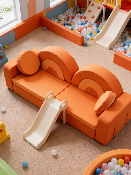 Children’s modular furniture in a styled playroom.