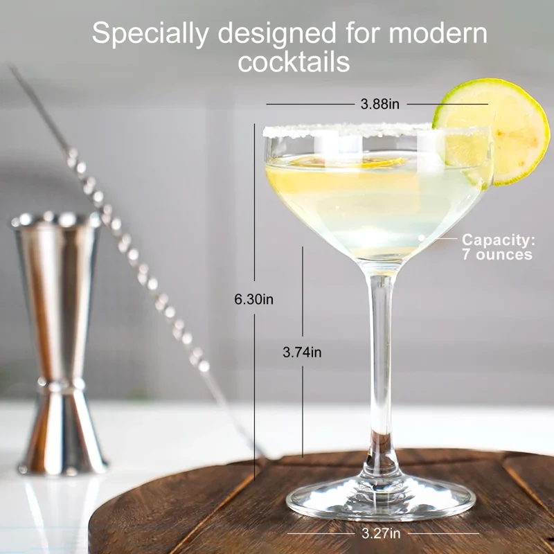 A listing image showing cocktail glass dimensions and capacity.