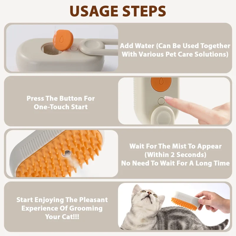 A listing image explaining how to use a pet grooming brush.