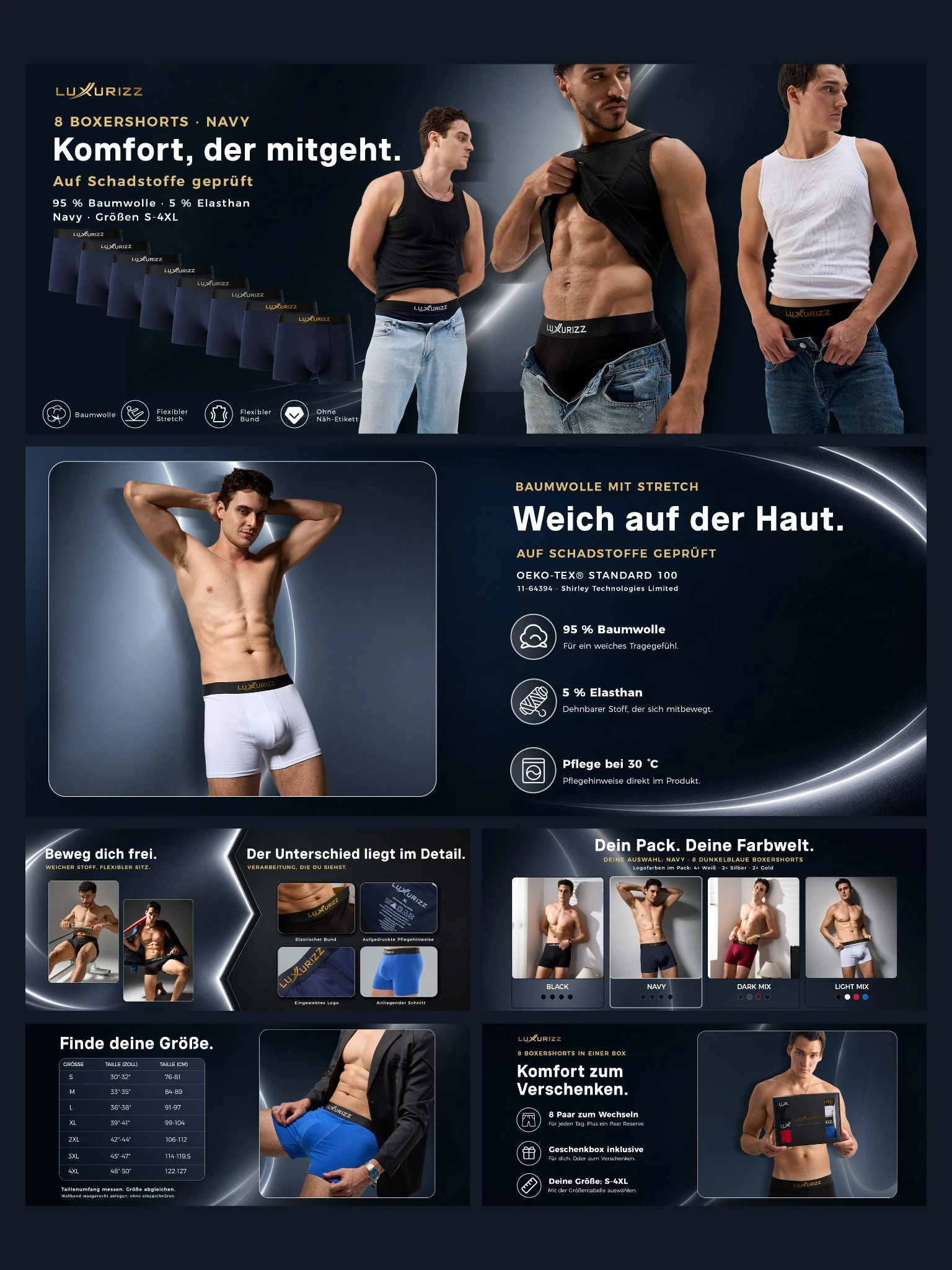 Cotton underwear A+ content with lifestyle photography, product details and sizing.