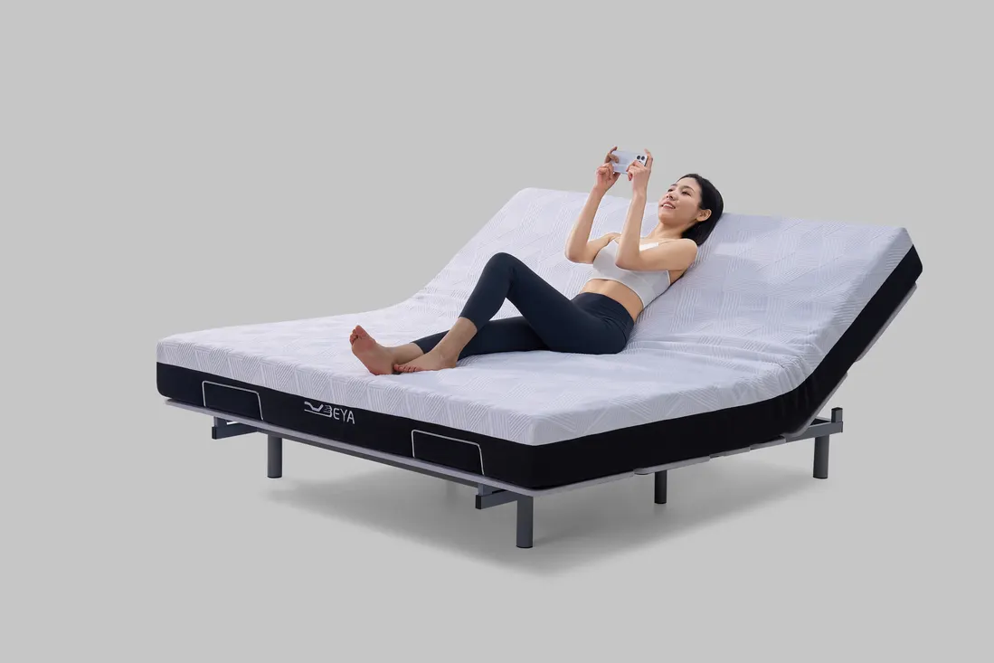 Adjustable bed with model, photographed by Southlake Vision in China.