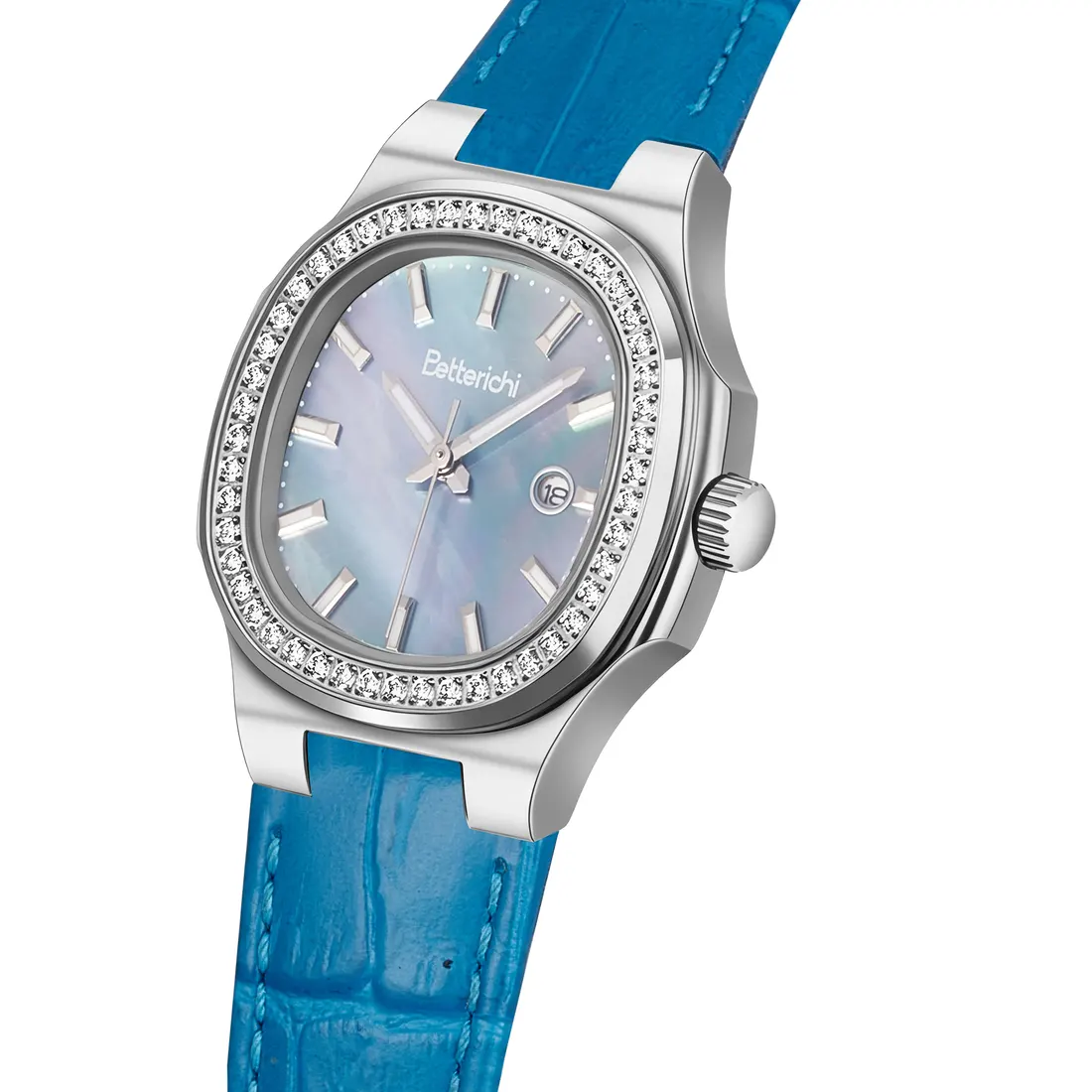 Blue strap watch close-up, photographed by Southlake Vision in China.