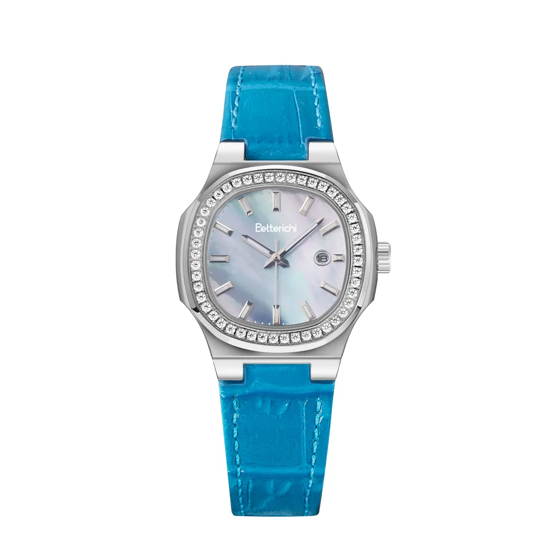 Blue strap watch front view, photographed by Southlake Vision in China.