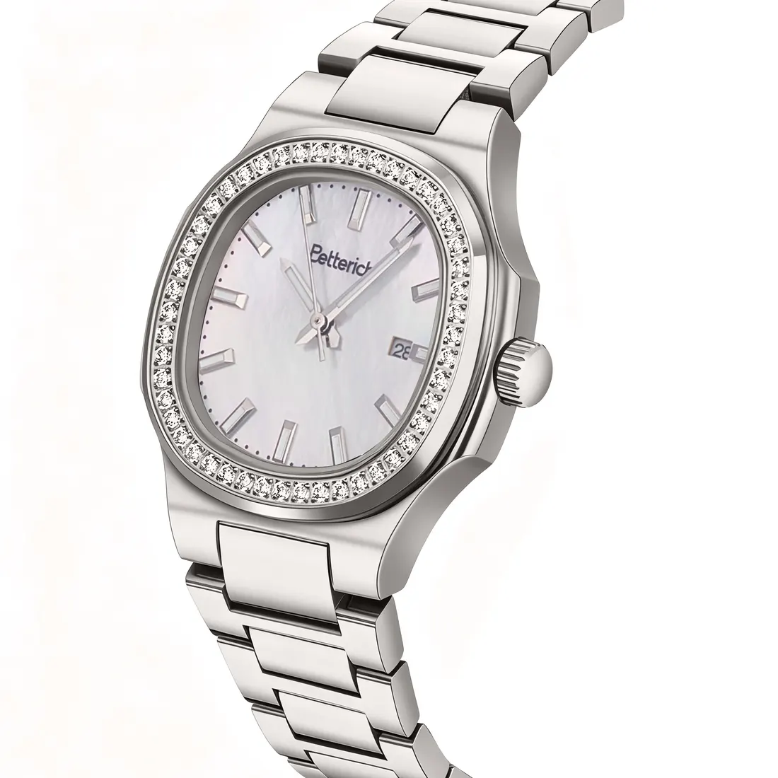 Silver bracelet watch close-up, photographed by Southlake Vision in China.