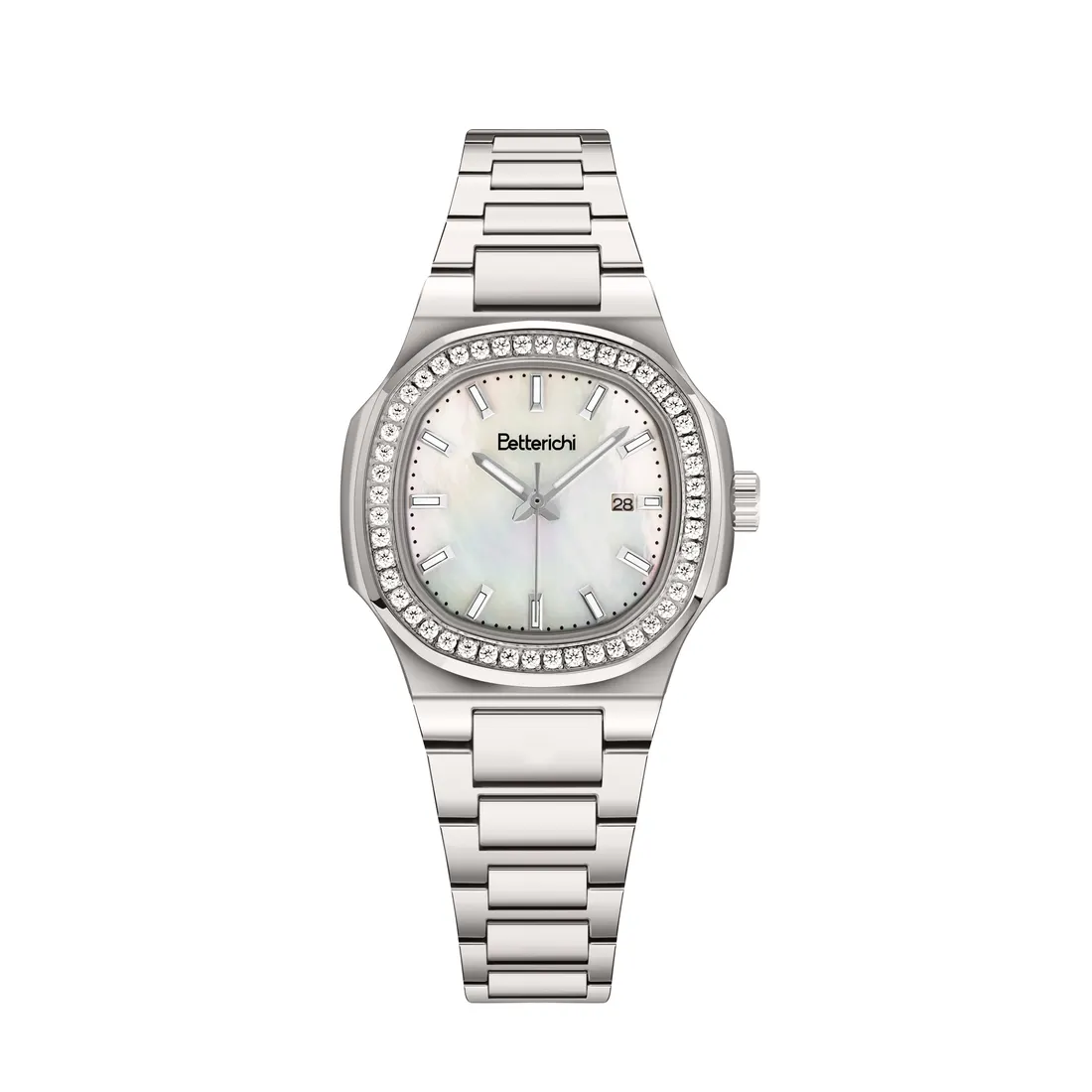 Silver bracelet watch front view, photographed by Southlake Vision in China.