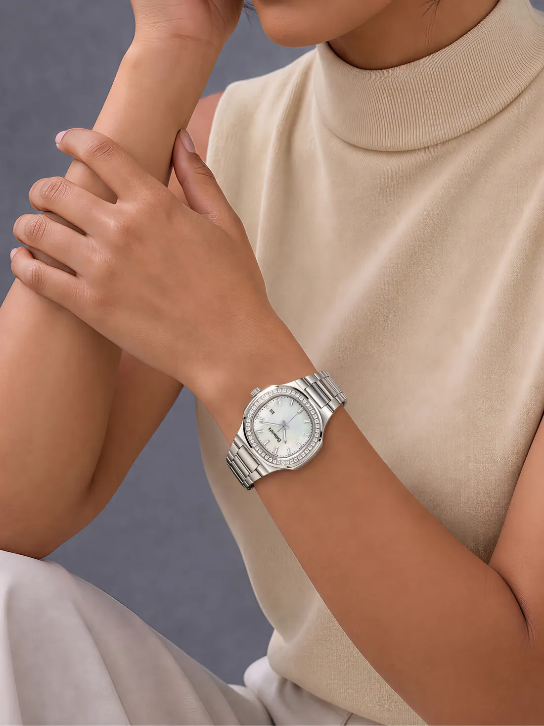 Silver watch on model, photographed by Southlake Vision in China.