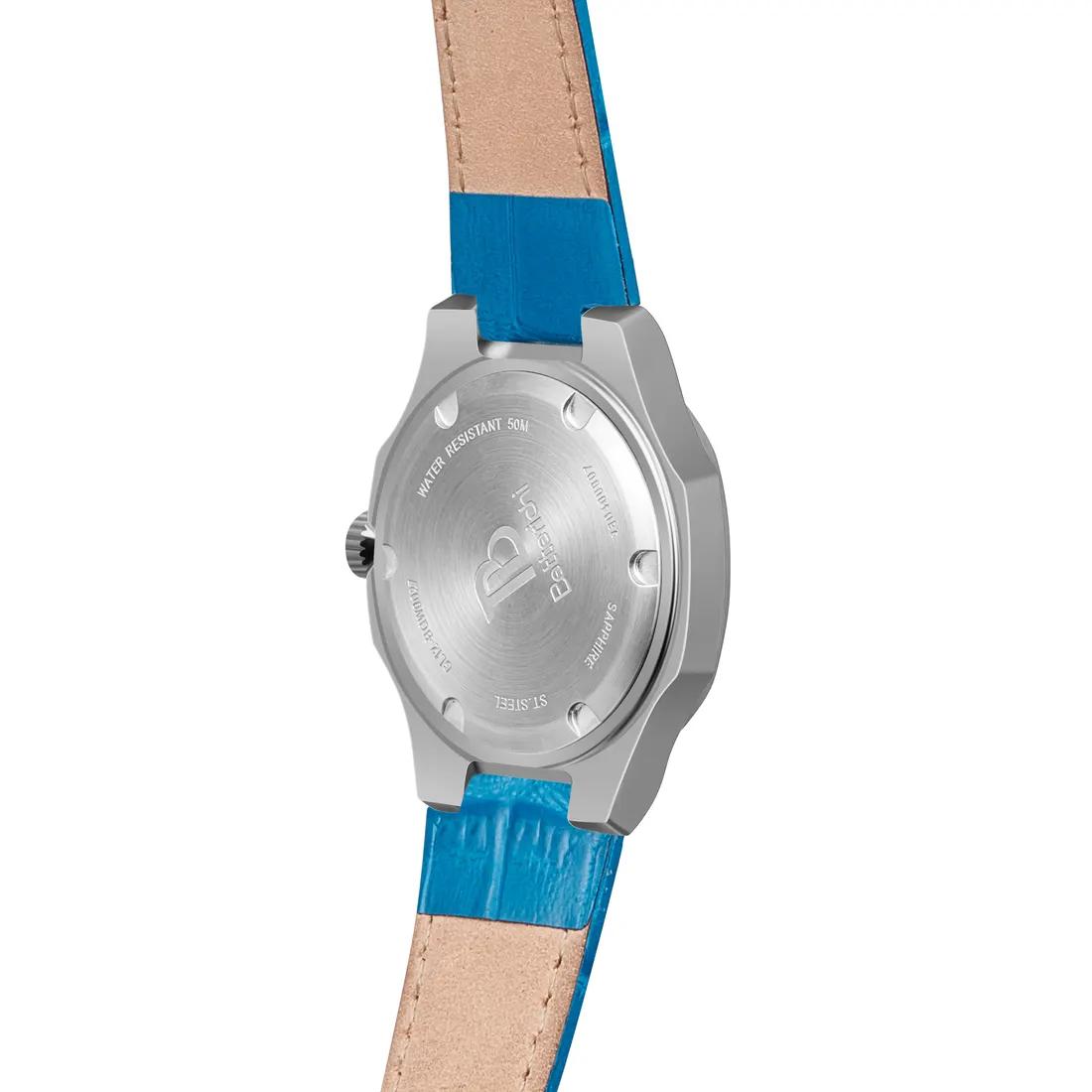 Blue strap watch case back, photographed by Southlake Vision in China.