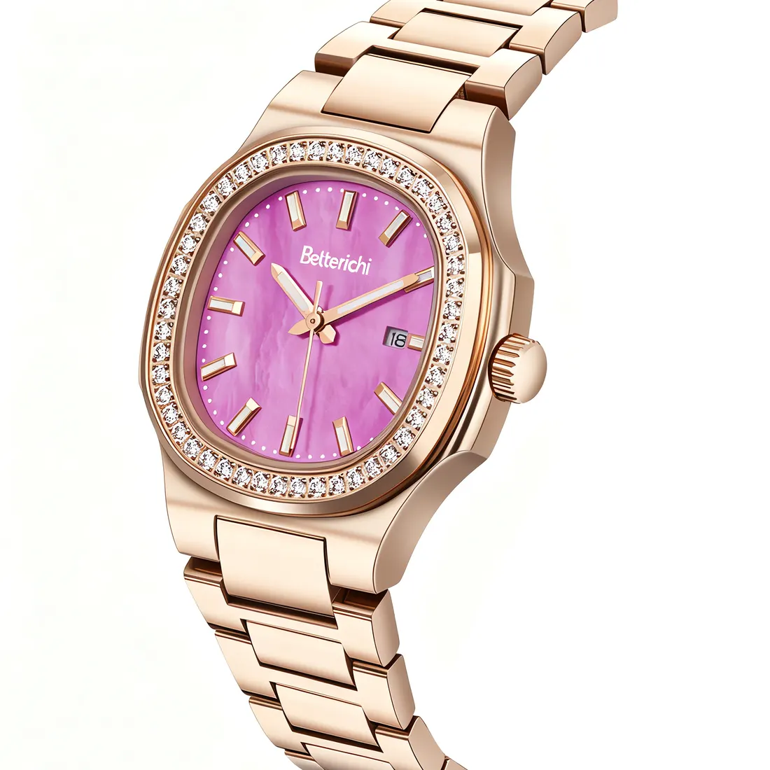 Rose gold watch close-up, photographed by Southlake Vision in China.
