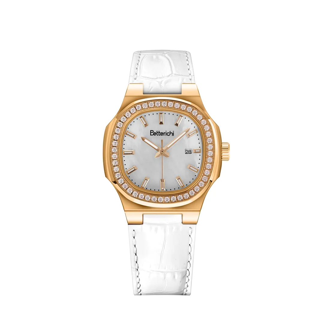 White strap watch front view, photographed by Southlake Vision in China.