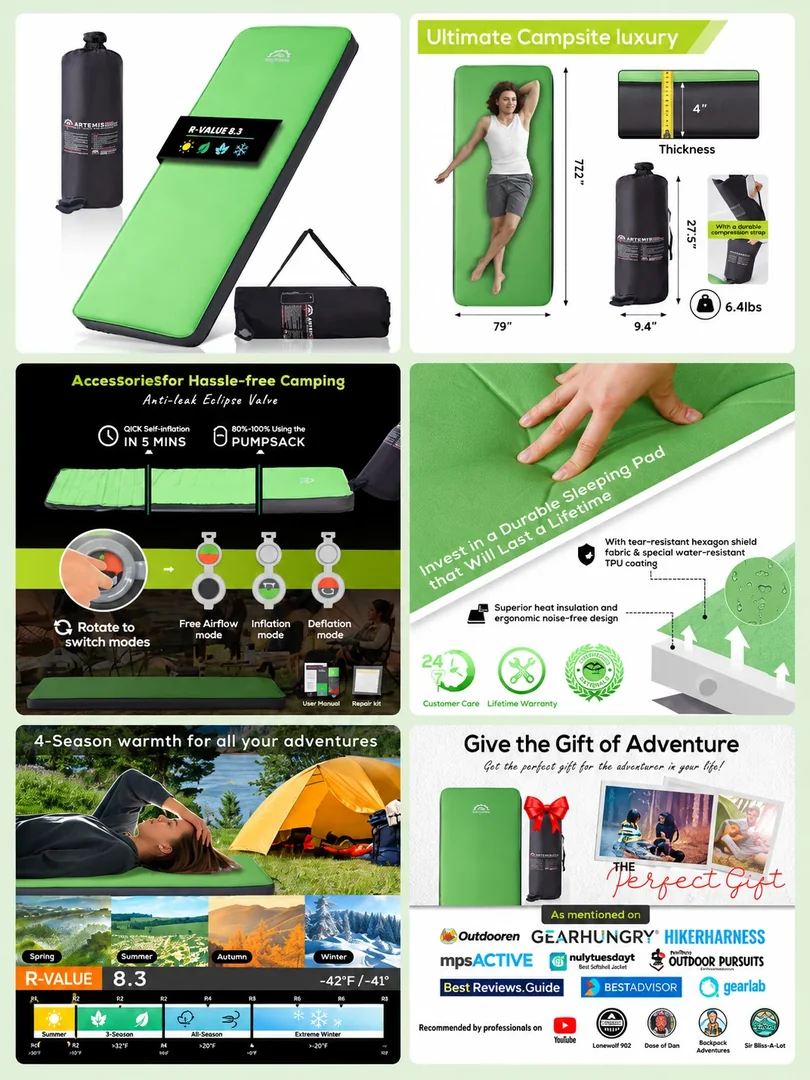 Camping sleeping pad: a portrait collection of product details, features and lifestyle imagery.