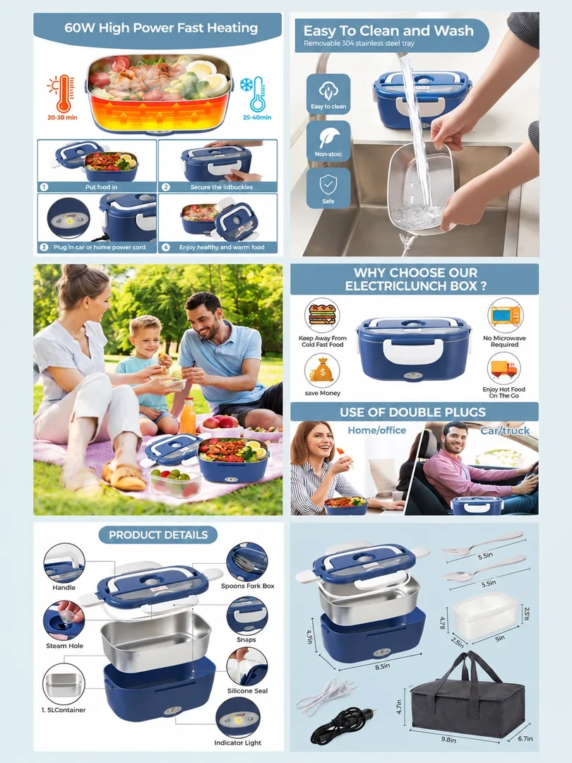 Electric lunch box: a portrait collection of product details, features and lifestyle imagery.