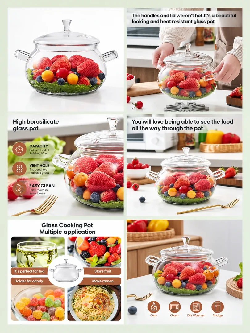 Glass cooking pot: a portrait collection of product details, features and lifestyle imagery.