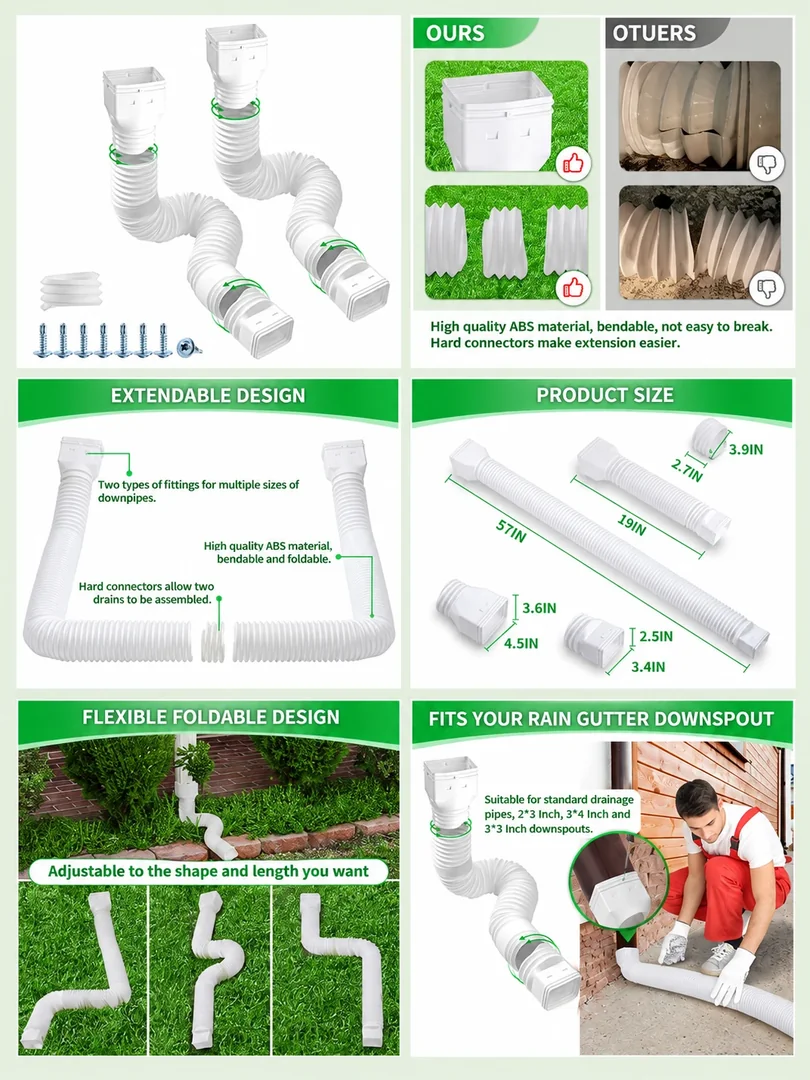 Downspout extensions: a portrait collection of product details, features and lifestyle imagery.