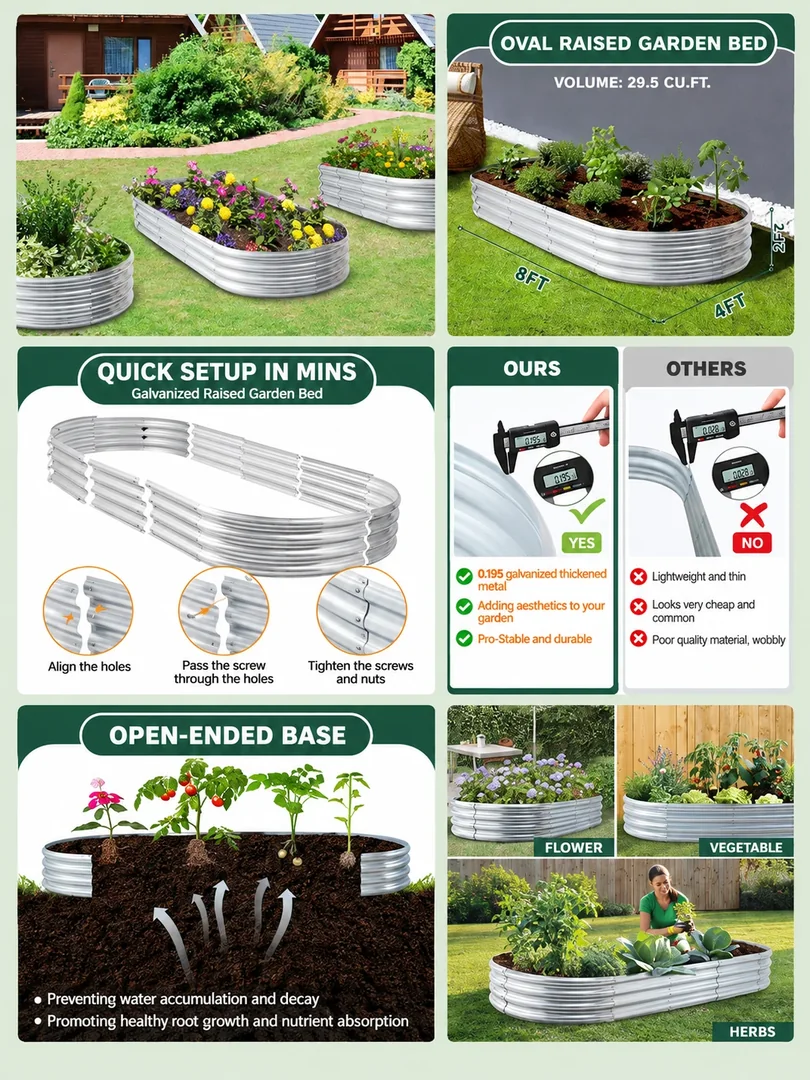 Raised garden beds: a portrait collection of product details, features and lifestyle imagery.