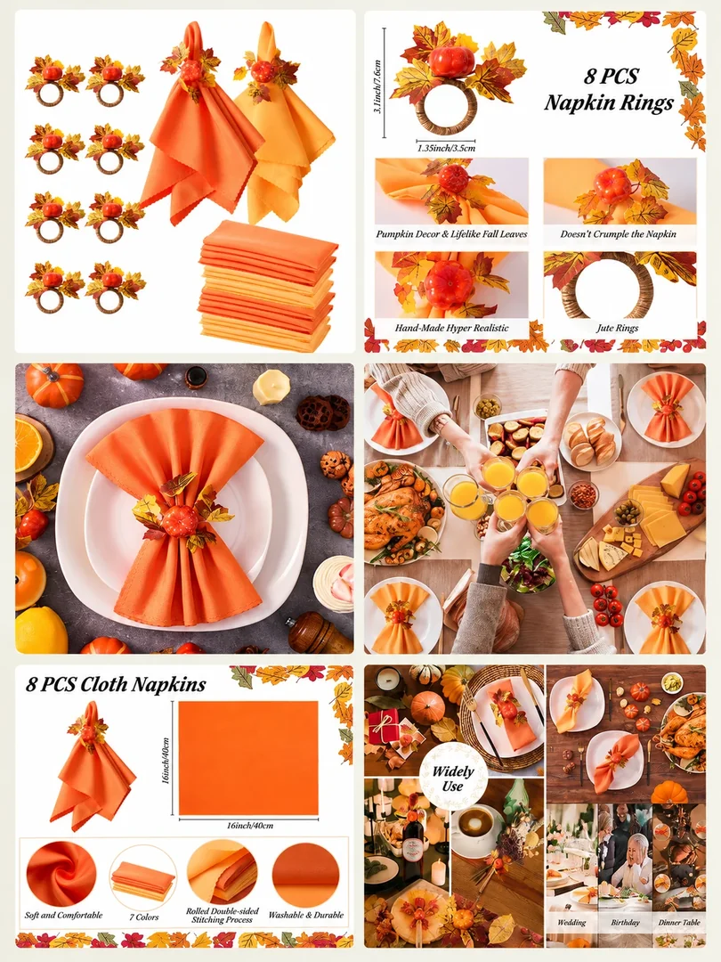 Autumn napkins and napkin rings: a portrait collection of product details, features and lifestyle imagery.