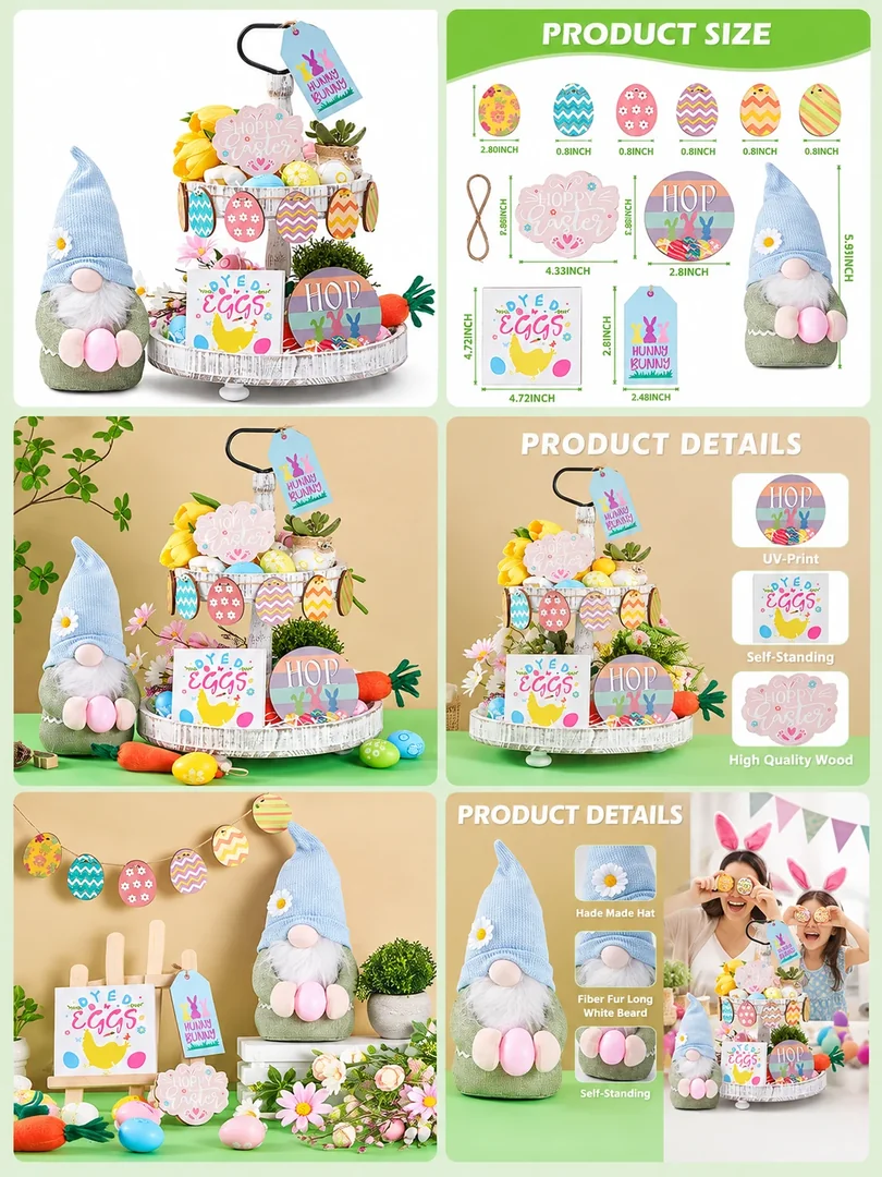 Easter tiered-tray decorations: a portrait collection of product details, features and lifestyle imagery.