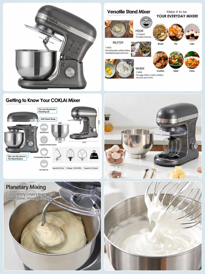Stand mixer: a portrait collection of product details, features and lifestyle imagery.