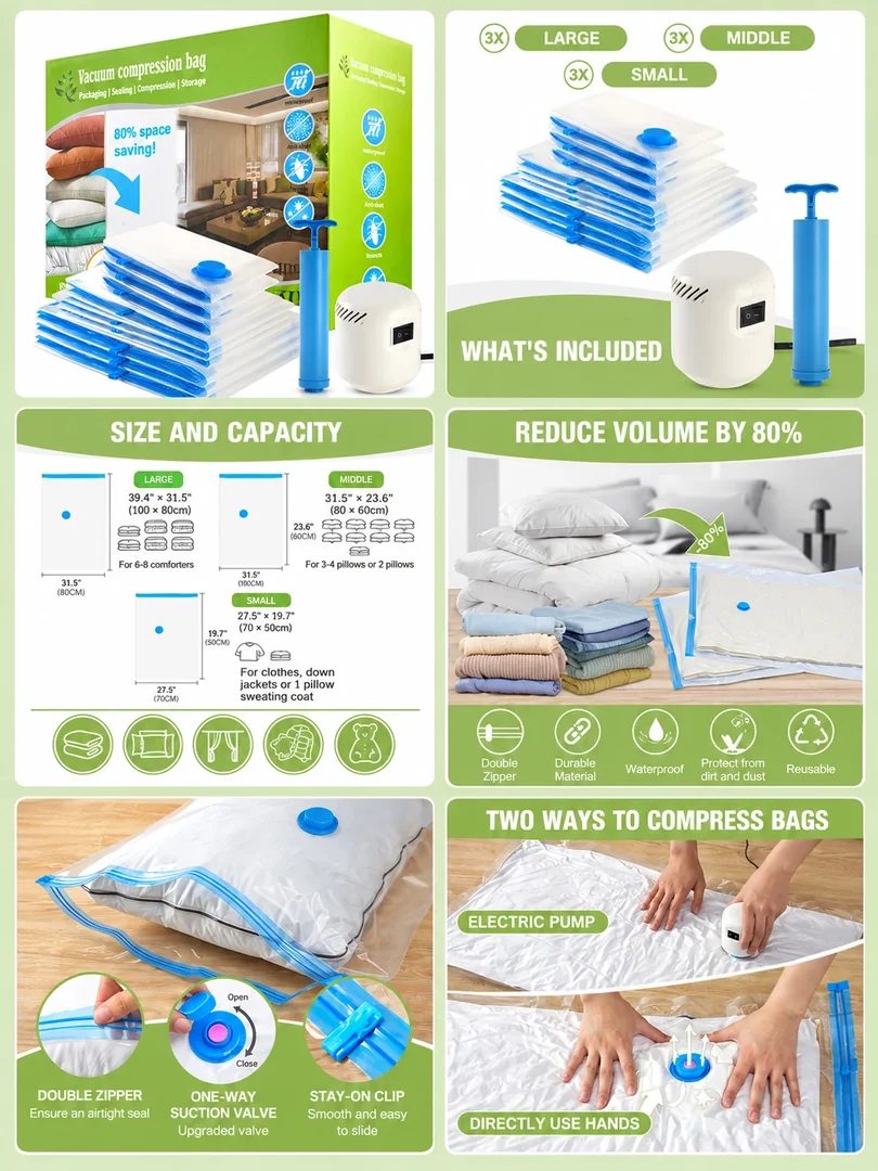 Vacuum storage bags: a portrait collection of product details, features and lifestyle imagery.