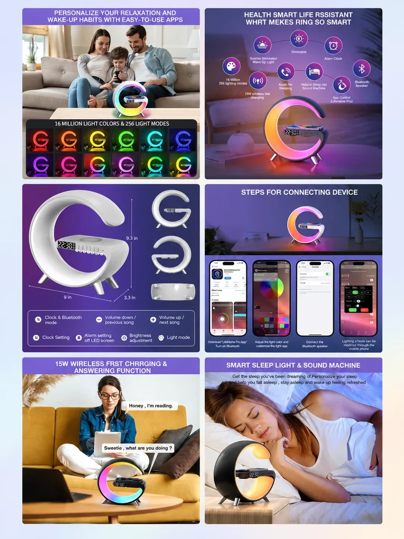 Multifunction ambient light: a portrait collection of product details, features and lifestyle imagery.