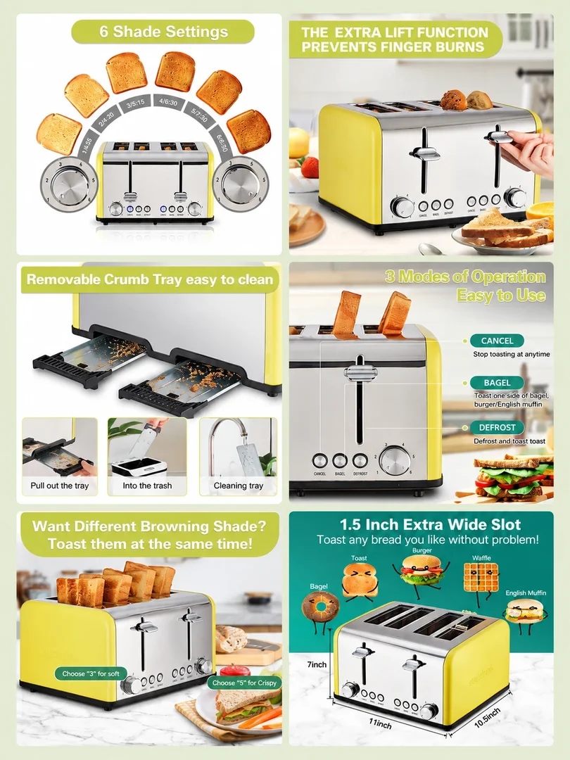 Four-slice toaster: a portrait collection of product details, features and lifestyle imagery.