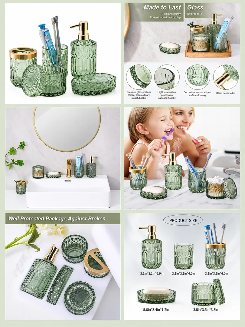 Green glass bathroom set: a portrait collection of product details, features and lifestyle imagery.