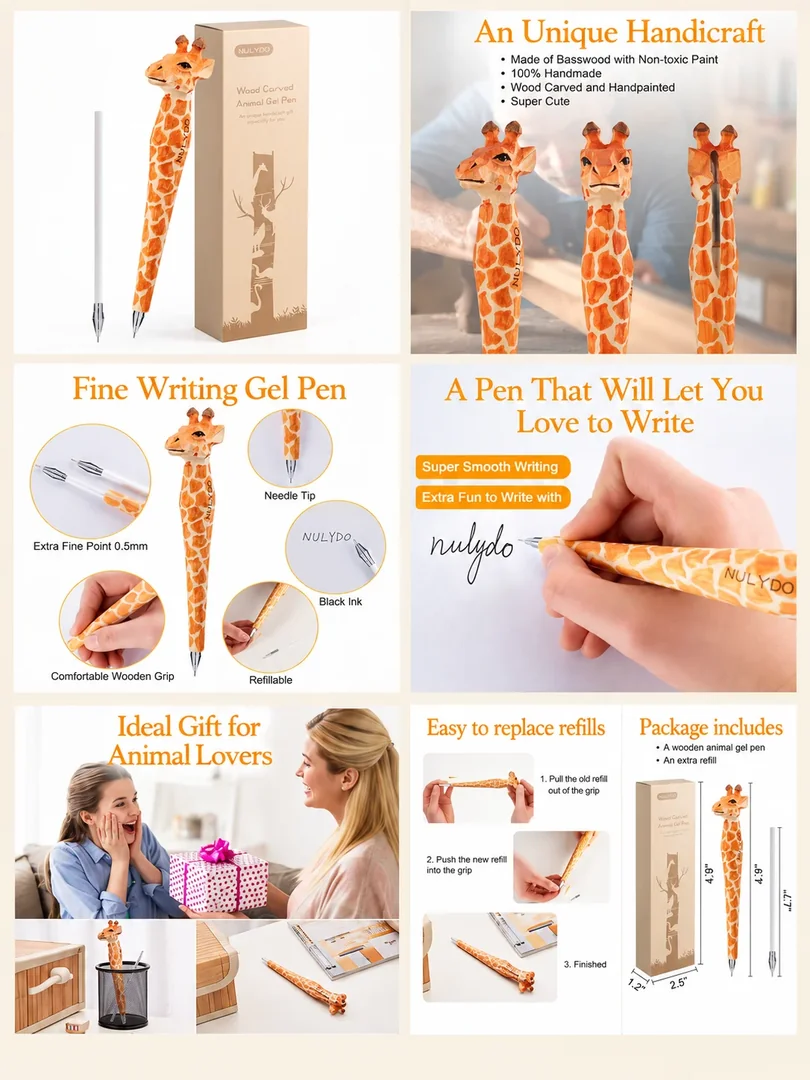 Giraffe gel pen: a portrait collection of product details, features and lifestyle imagery.