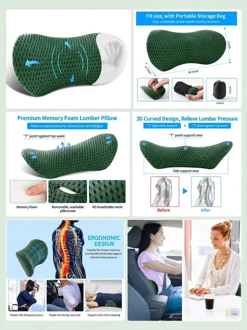Memory foam lumbar pillow: a portrait collection of product details, features and lifestyle imagery.