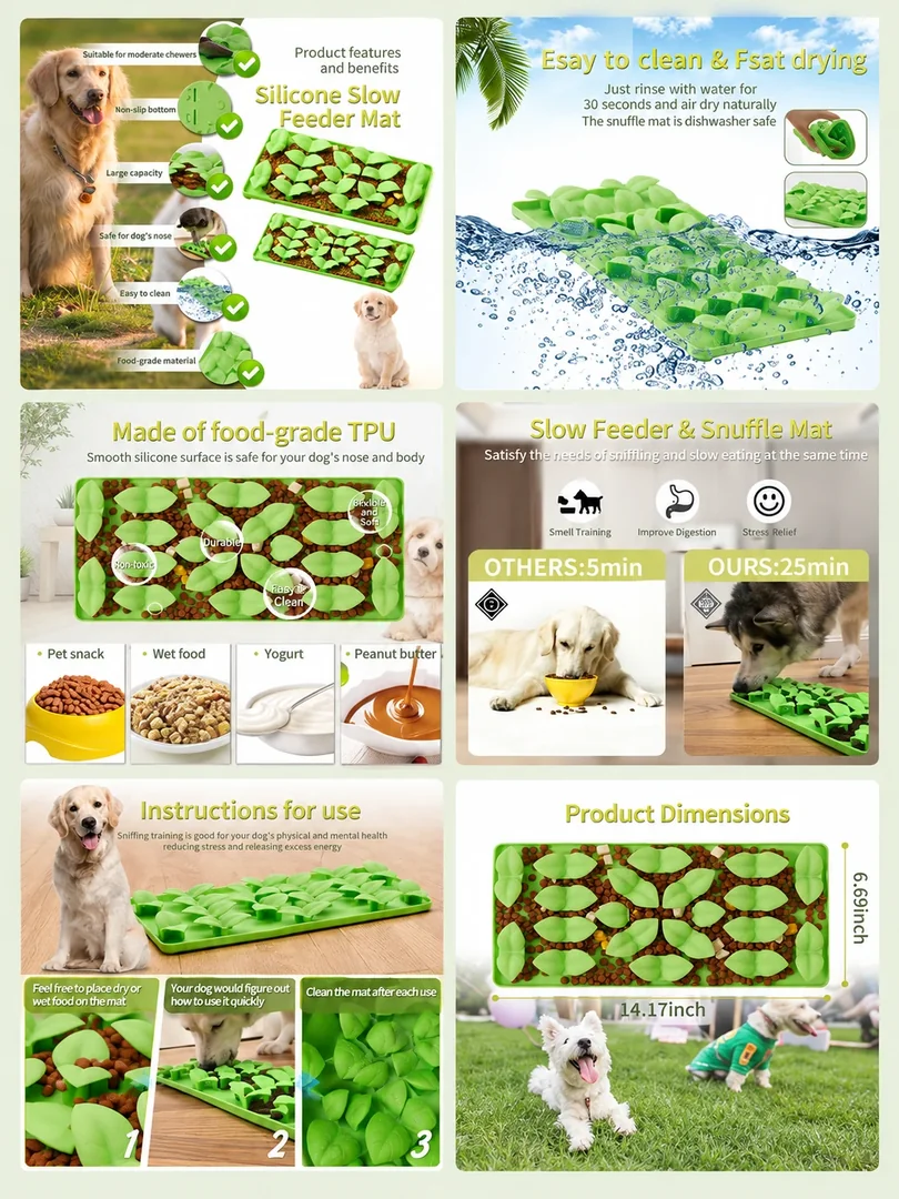 Pet slow-feeder mat: a portrait collection of product details, features and lifestyle imagery.