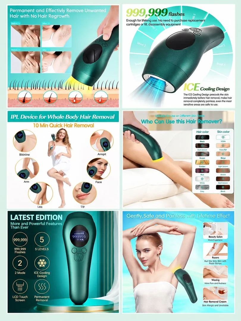 IPL hair-removal device: a portrait collection of product details, features and lifestyle imagery.