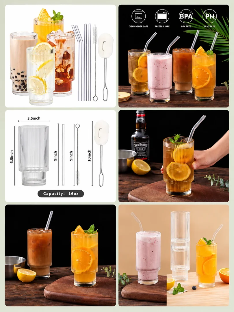 Ribbed drinking glasses: a portrait collection of product details, features and lifestyle imagery.