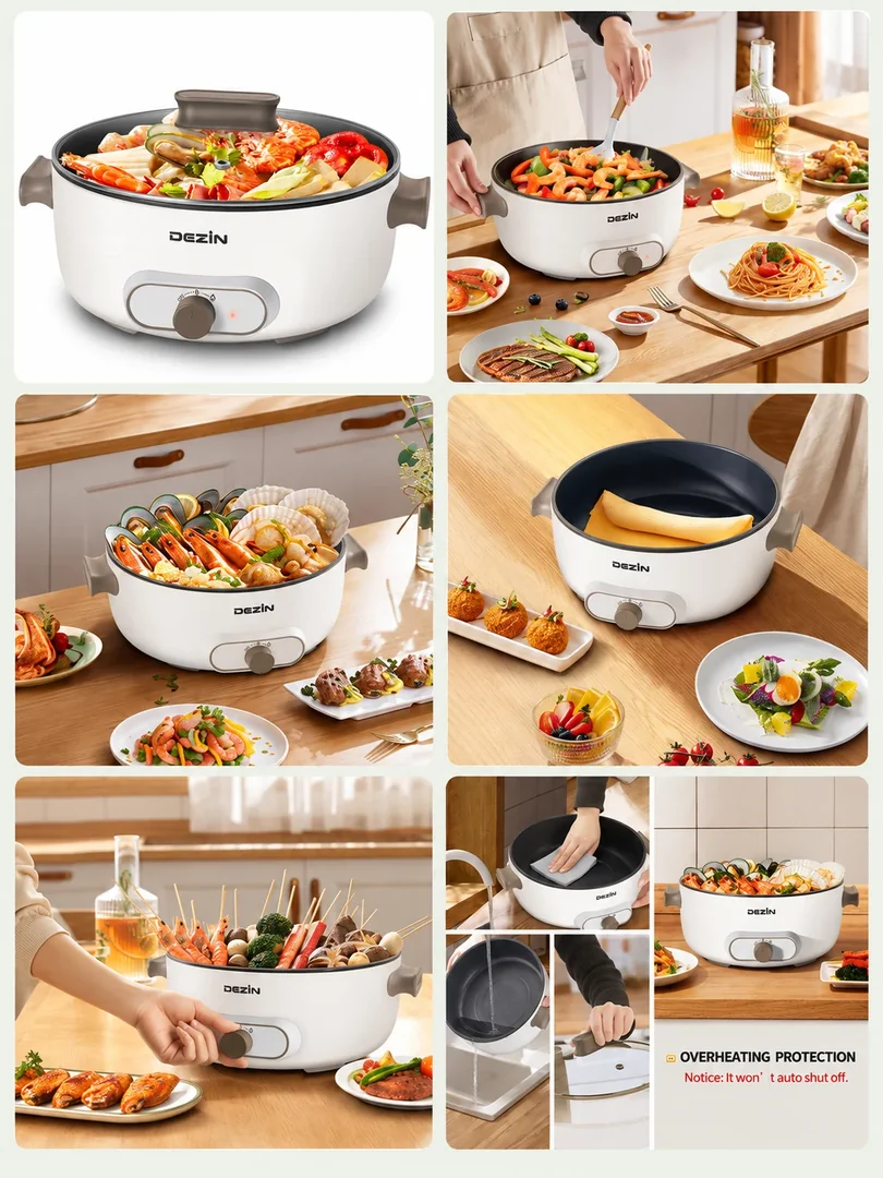 Electric cooking pot: a portrait collection of product details, features and lifestyle imagery.