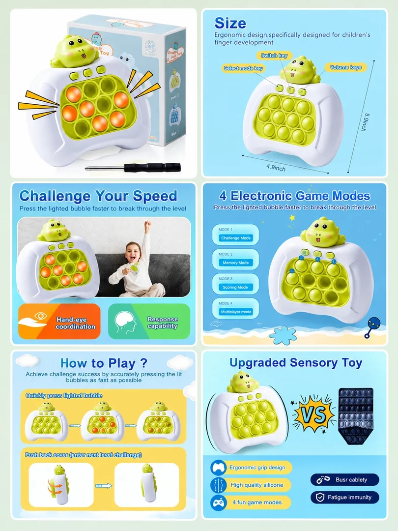 Electronic sensory toy: a portrait collection of product details, features and lifestyle imagery.