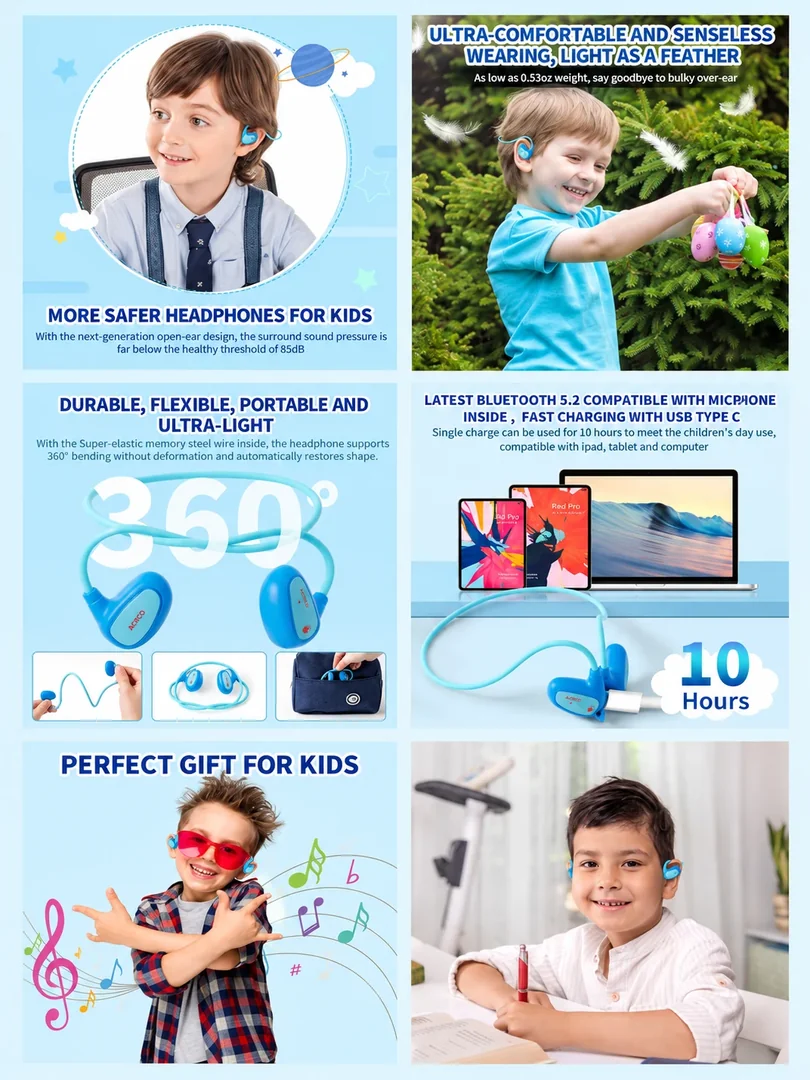Kids open-ear headphones: a portrait collection of product details, features and lifestyle imagery.