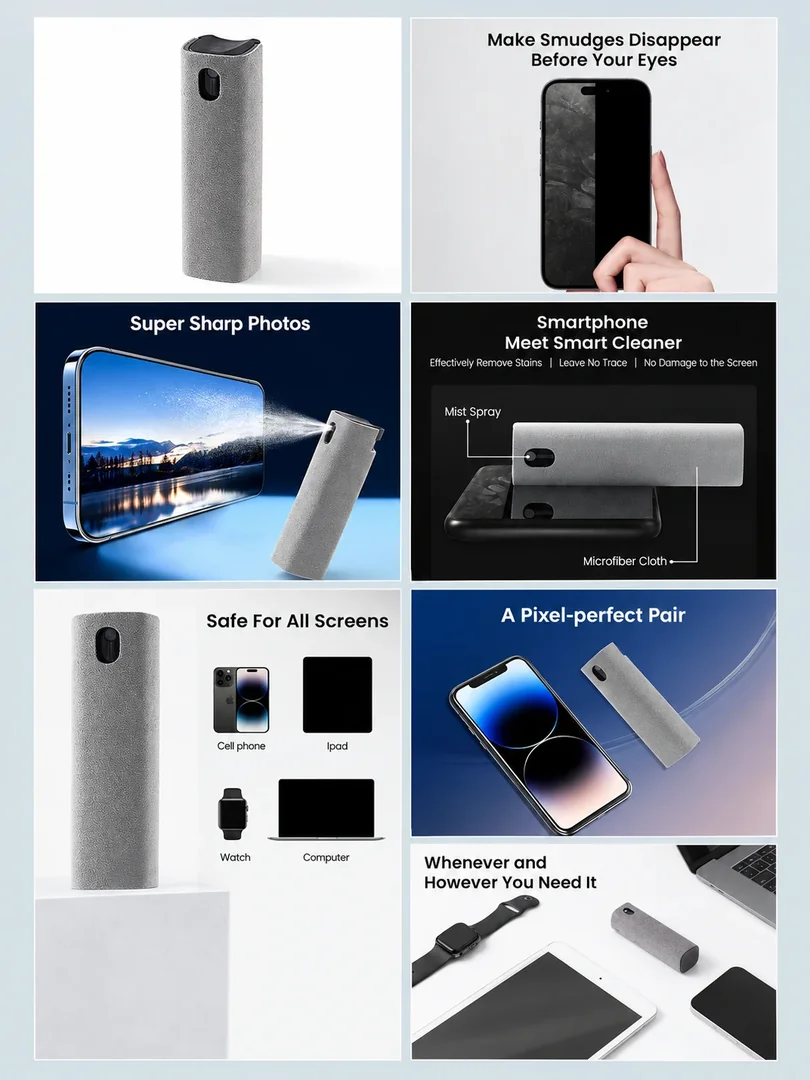 Screen cleaner: a portrait collection of product details, features and lifestyle imagery.