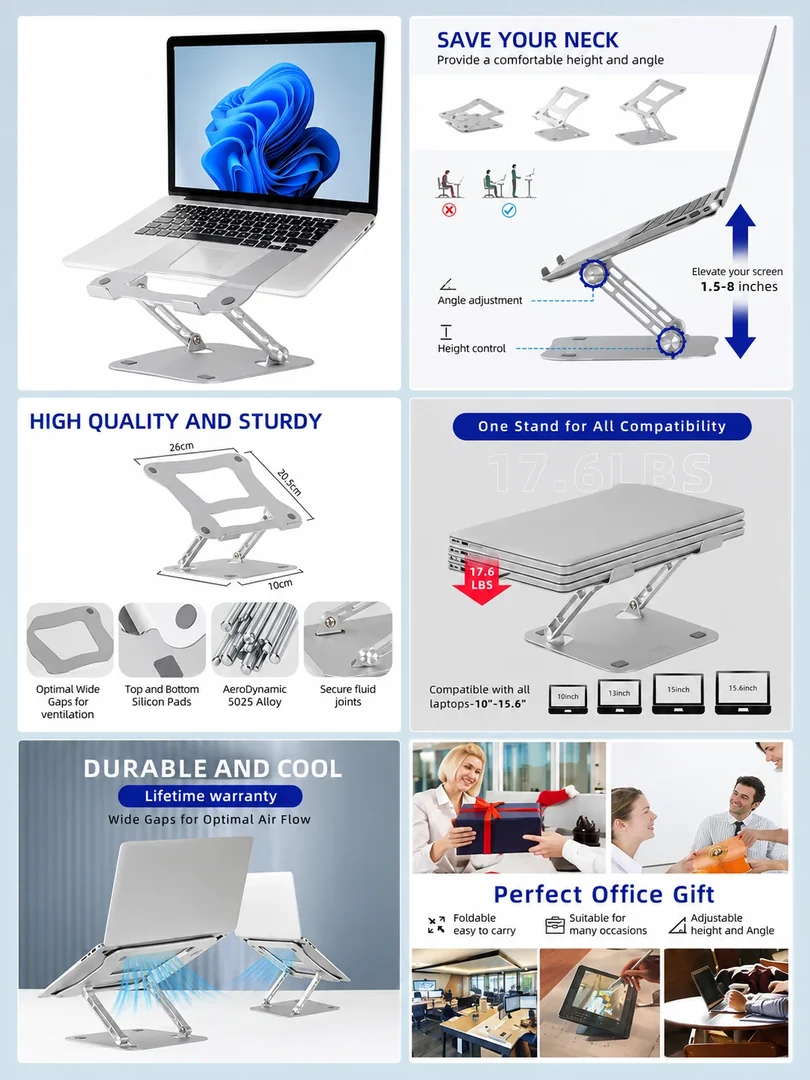 Adjustable laptop stand: a portrait collection of product details, features and lifestyle imagery.