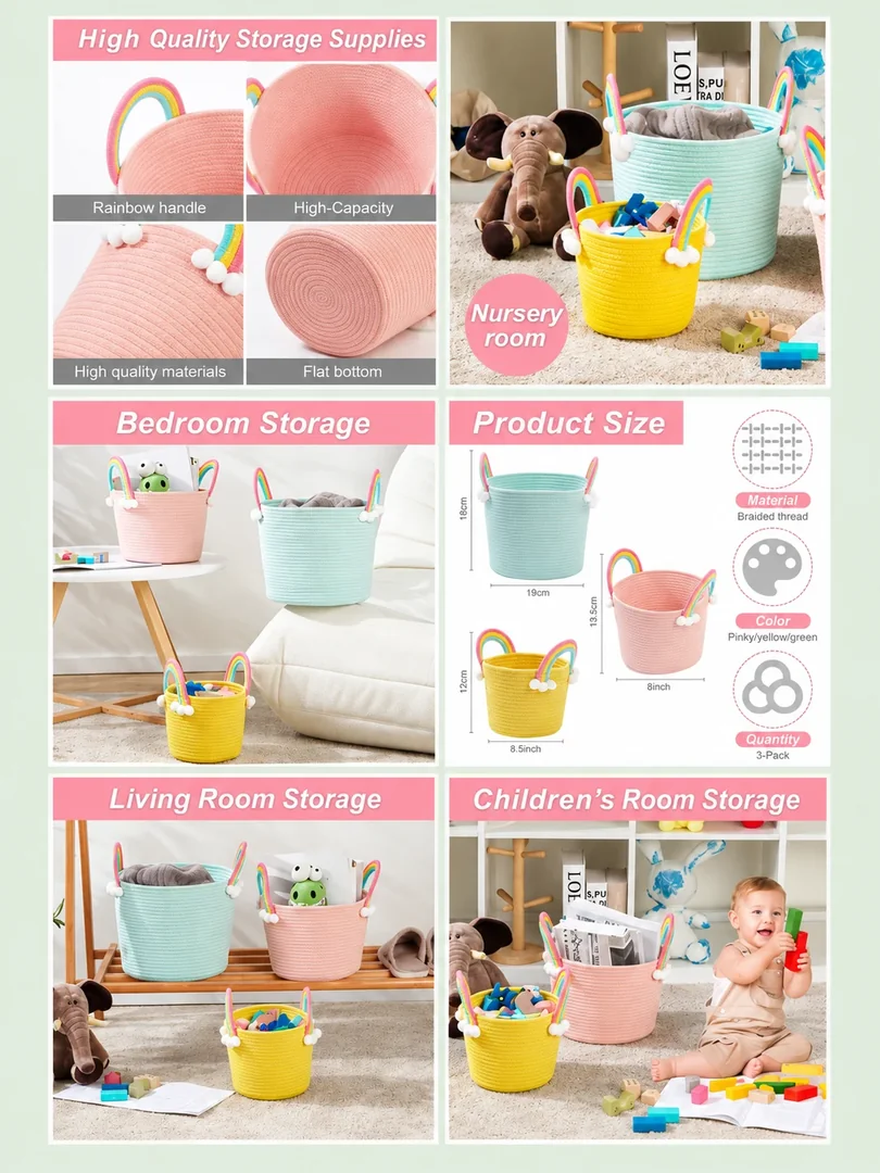 Rainbow storage baskets: a portrait collection of product details, features and lifestyle imagery.