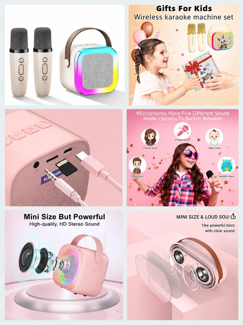 Kids karaoke speaker: a portrait collection of product details, features and lifestyle imagery.