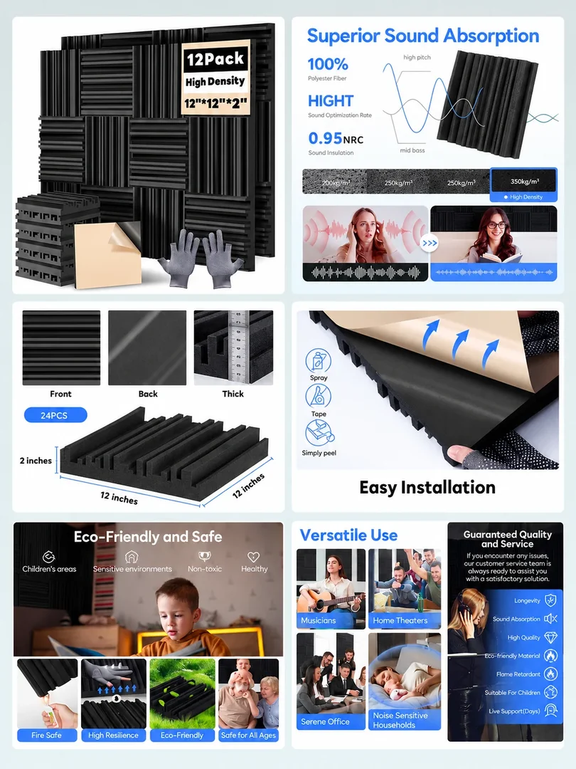 Acoustic foam panels: a portrait collection of product details, features and lifestyle imagery.