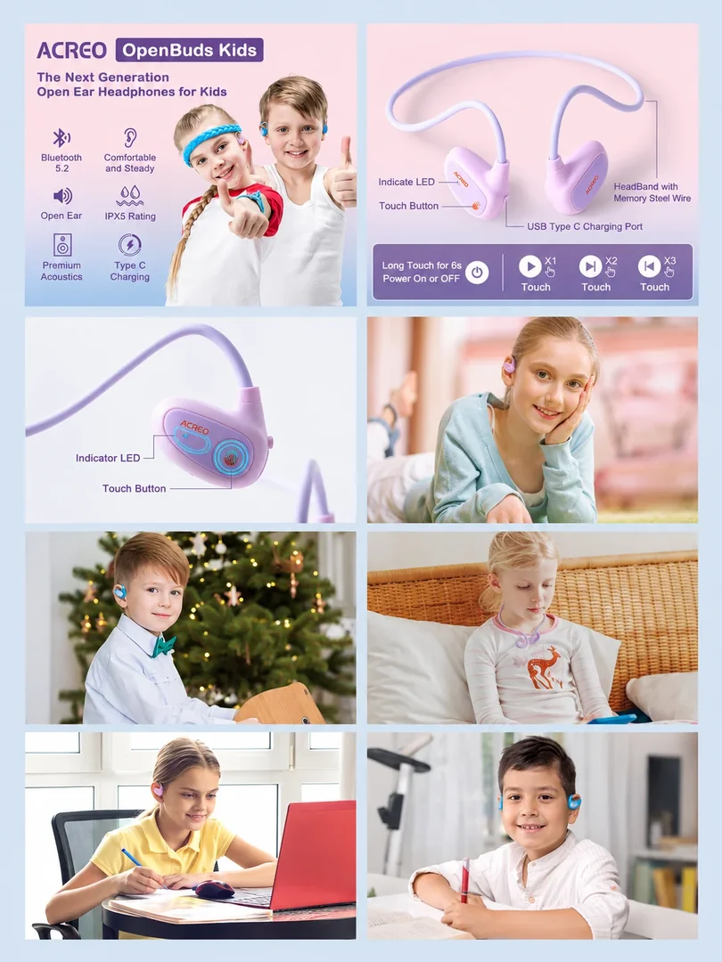 Kids headphones lifestyle collection: a portrait collection of product details, features and lifestyle imagery.