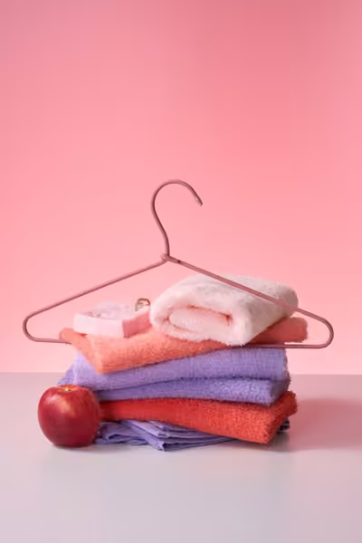 Colourful towels on a pink backdrop, home textile product photography by Southlake Vision in China.