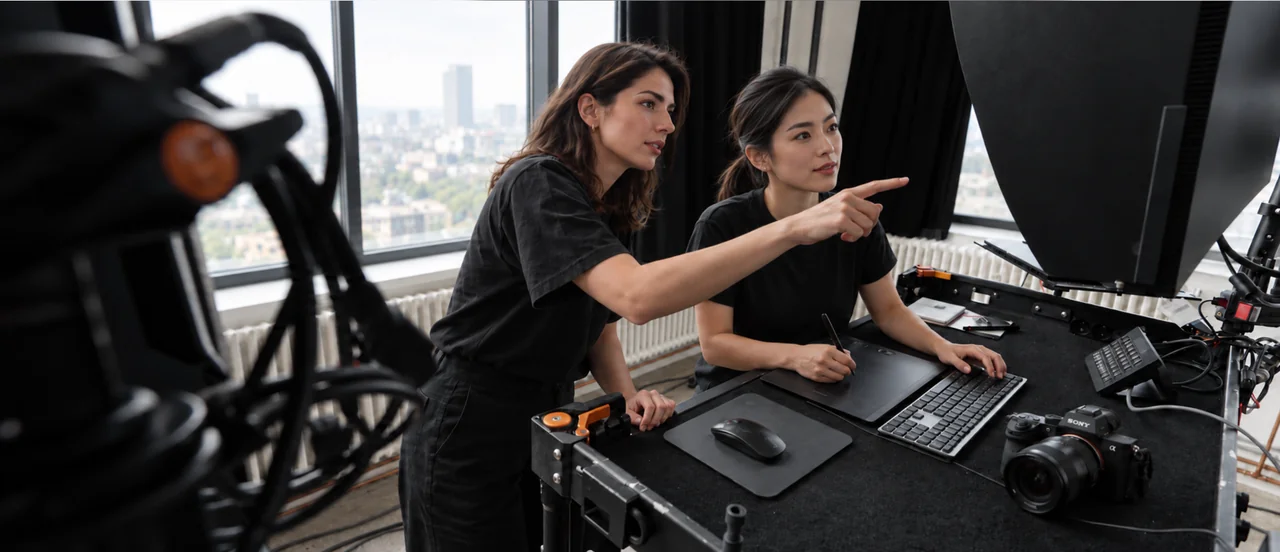 Two creative professionals reviewing images at a studio workstation with a graphics tablet, camera and production equipment.