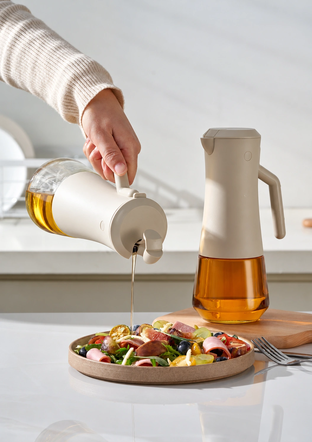 An oil dispenser pouring olive oil over a salad in a sunlit kitchen.
