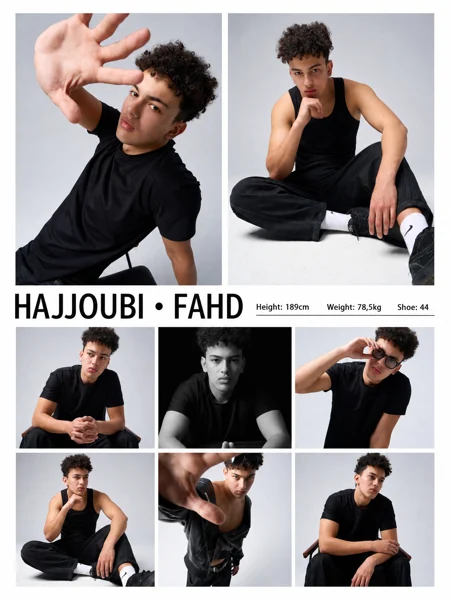 Male models portfolio reference M018, complete model comp card