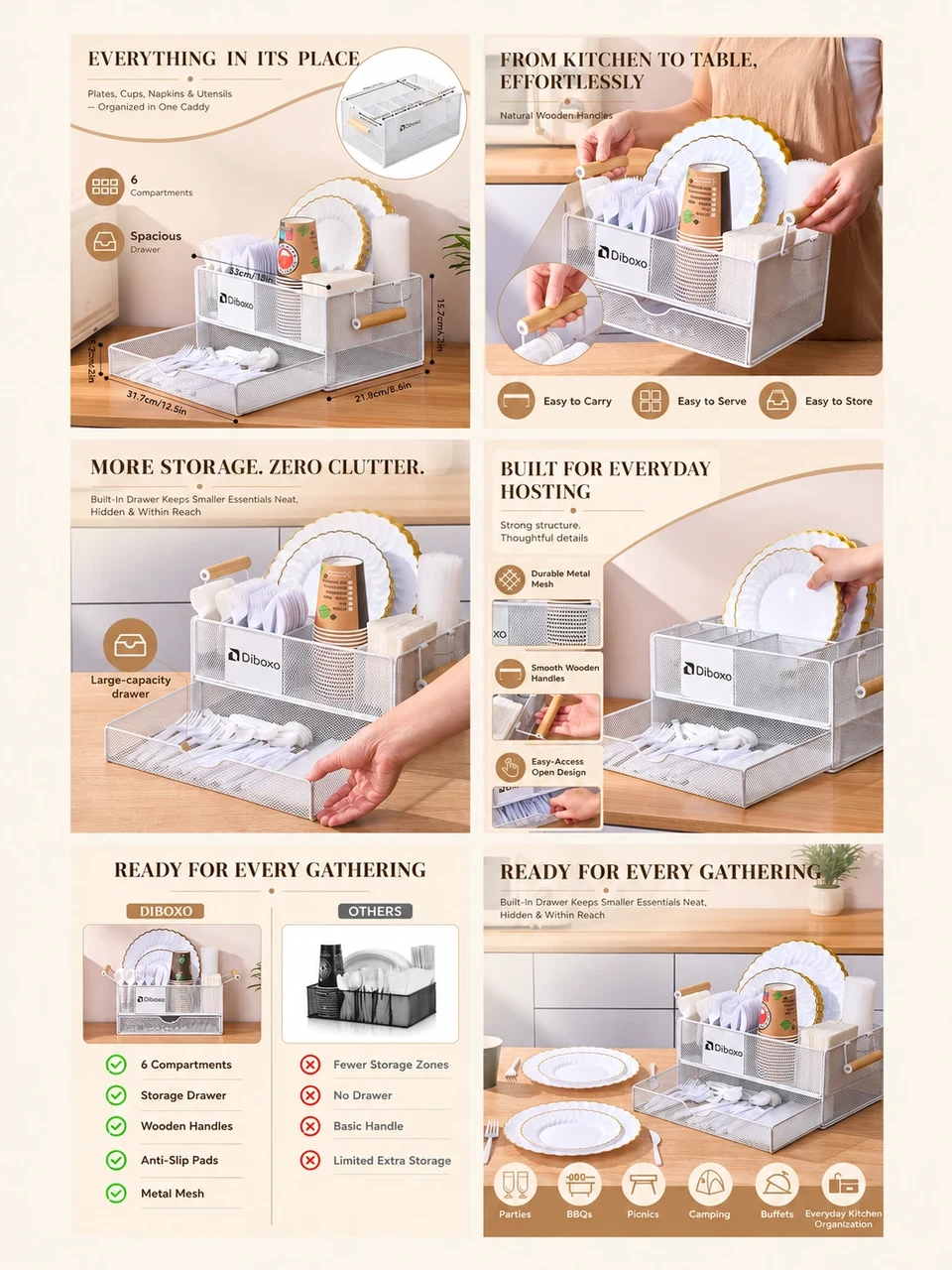 A six-panel listing design presenting a white tableware organizer and its features.