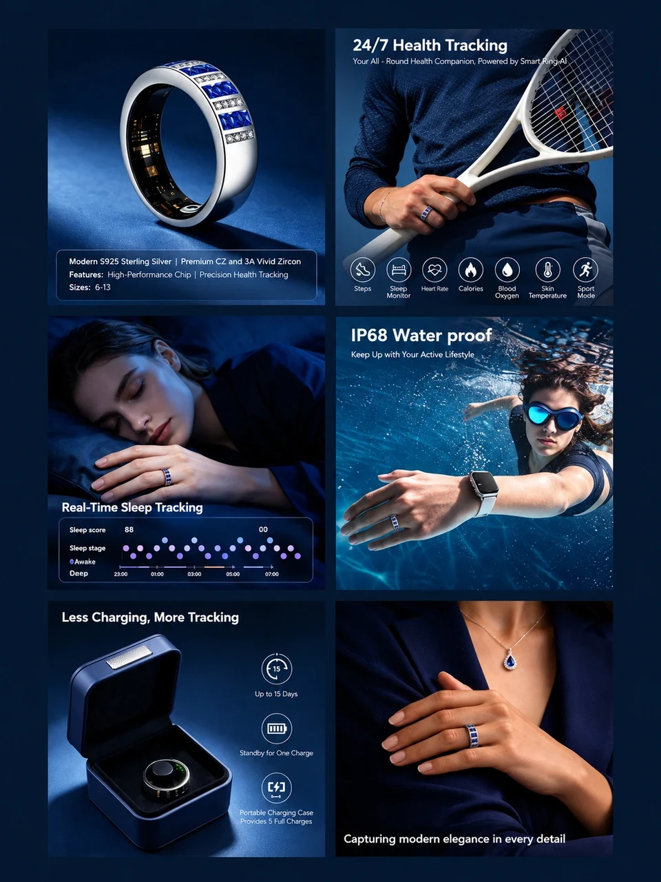 A six-panel smart ring listing design combining product and lifestyle visuals.
