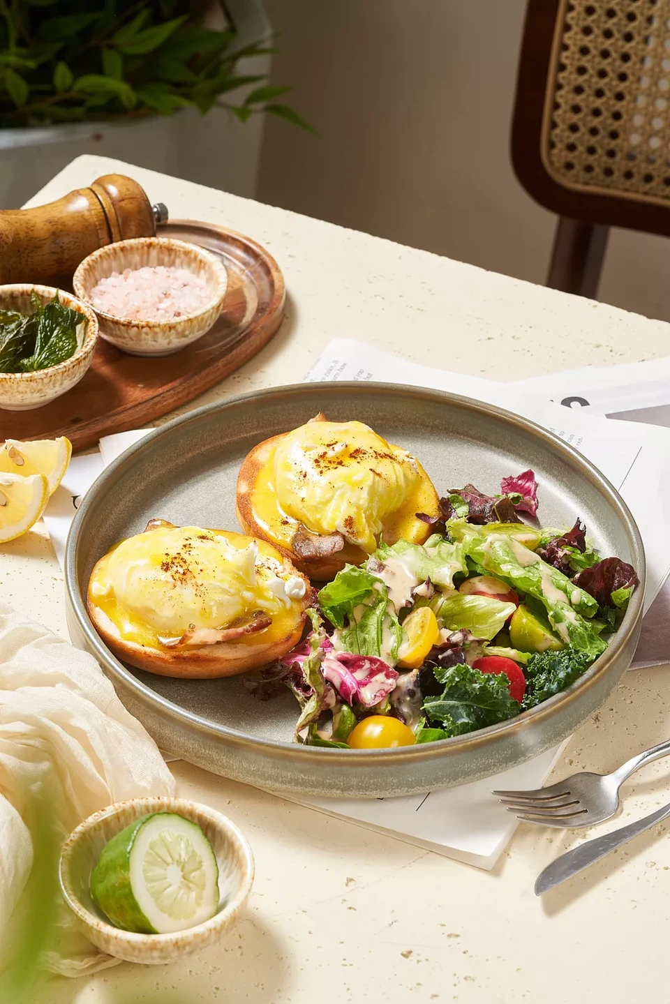 Food and tableware in a dining setting.