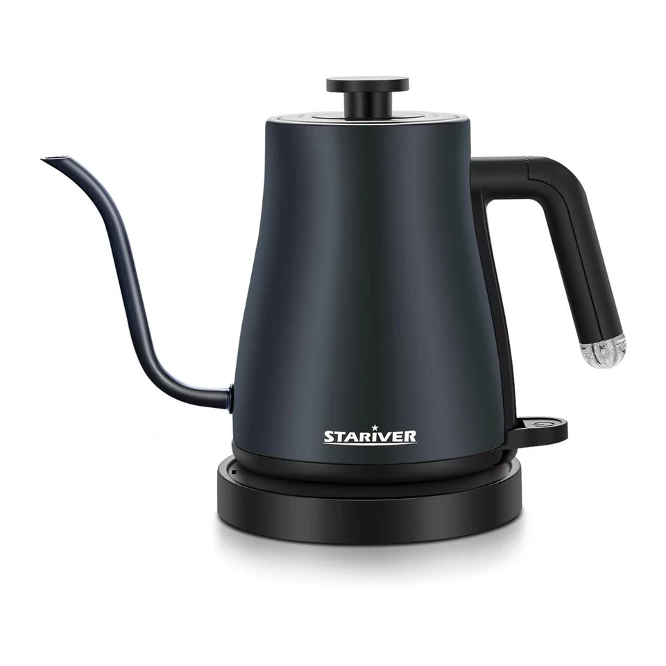 A clean white-background packshot of a black electric kettle.