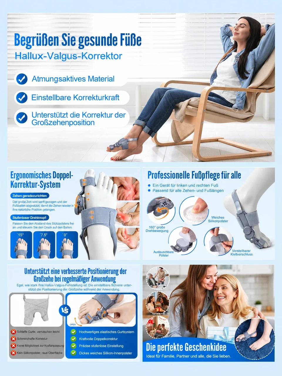 A foot care A+ design featuring product details, diagrams and lifestyle photography.