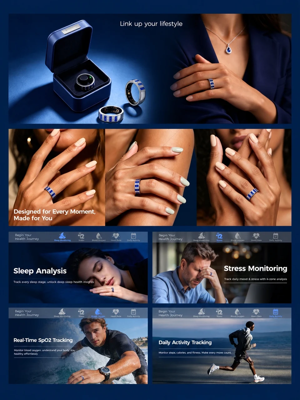 A modular smart ring A+ design featuring product details and lifestyle scenes.