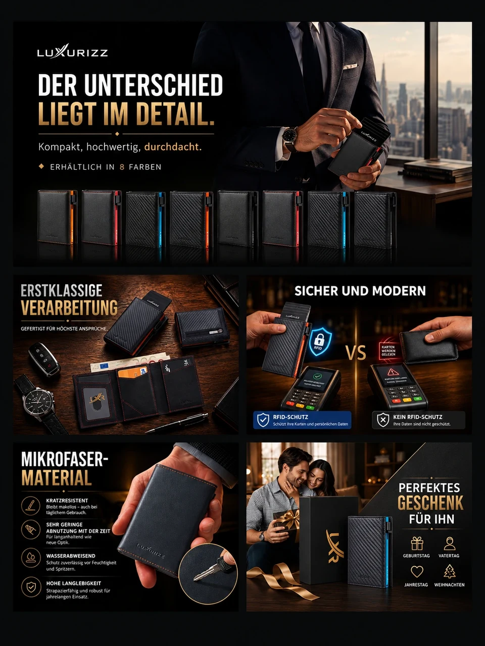 A black and gold wallet A+ design with product details and lifestyle imagery.